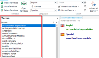 Screenshot of Trados Studio showing the term base management pane with terms listed in English and Spanish. The term 'accumulated depreciation' is highlighted with its Spanish translation 'amortizaci n acumulada' visible.
