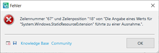 Error message in Trados Studio stating 'Line number 67' and 'Position 18' 'The setting of a value for 'System.Windows.StaticResourceExtension' led to an exception.' with Knowledge Base and Community buttons below.