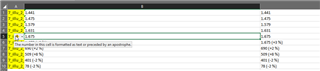 Screenshot of Trados Studio 2019 SR2 showing a bilingual Excel file with numbers in cells. Some cells have a green corner indicating literal string formatting.