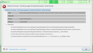 Error message window on Trados Studio startup stating 'Method not found: Void NLog.Logger.Error(Exception, System.String)'.