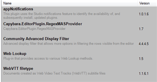 Screenshot of Trados Studio plugin versions list including appNotifications 1.0.16, Capybara.Editor.Plugin.RegexMASProvider 1.7, Community Advanced Display Filter 4.4.45, Web Lookup 1.5, and WebVTT filetype 1.1.61.
