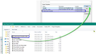 Screenshot showing Trados Studio with an open project template dialog box and a file explorer window highlighting the templates folder with a green arrow indicating the process of adding a project to the templates folder.
