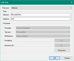 Screenshot of Trados Studio 'Edit Rule' dialog box with BoundedText element and text attribute set to 'Always translatable'.