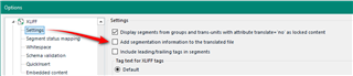 Trados Studio options menu with a red arrow pointing to the checked 'Add segmentation information to be transferred' setting.