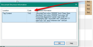 Trados Studio Document Structure Information dialog box showing 'Tag' typed in the Code field with bounded text information in the content area.