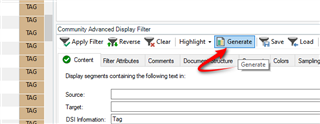 Trados Studio Advanced Display Filter with 'Tag' typed in the DSI Information box and the 'Generate' button highlighted.