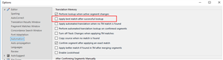 Trados Studio Options dialog box with Editor settings showing 'Automation' section. The option 'Apply best match after successful lookup' is highlighted and unchecked as instructed by MIKI SUGAWARA.
