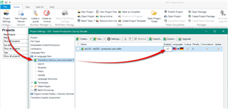 Trados Studio screenshot showing Project Settings window with a red arrow pointing to Translation Memories and Automated Translation where a TM is listed but not enabled.