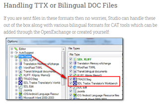 Screenshot of Trados Studio showing options for handling TTX or Bilingual DOC files, with TRADOStag document and TRADOStag Translator's Workbench file types highlighted.