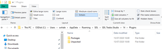 File Explorer window showing SDL Trados Studio plugins folder with a 'Packages' and 'Unpacked' subfolder.