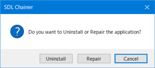 SDL Chainer dialog box asking 'Do you want to Uninstall or Repair the application?' with options 'Uninstall', 'Repair', and 'Cancel'.