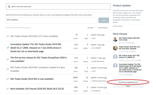Screenshot of Trados Studio product updates page with a red circle highlighting the RSS feed notification option.