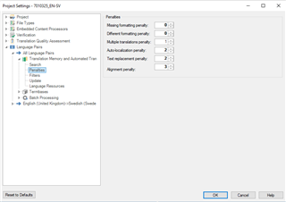 Trados Studio Project Settings window showing Penalties section with different penalty values set for formatting, exclusion, multiple translation, auto-localization, text replacement, and alignment.