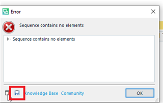 Error dialog box in Trados Studio with a red X icon indicating 'Sequence contains no elements' with an 'OK' button and a highlighted icon resembling a folder with a red square.
