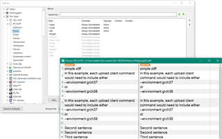 Trados Studio interface with source and target text panels, displaying XML code with converted entities to reserved characters.