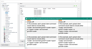Trados Studio interface showing a comparison of source and target text with XML code and placeholder elements.