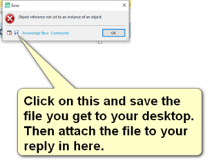 Error dialog box in Trados Studio with message 'Object reference not set to an instance of an object.' and an 'OK' button. A yellow arrow points to the 'Knowledge Base Community' link with instructions to click, save the file, and attach it to a reply.
