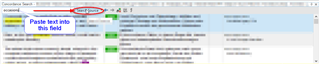 Trados Studio screenshot showing the concordance search window with an instruction to paste text into the field and a highlighted 'search source' button.