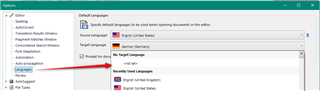 Trados Studio Options dialog showing Default Languages settings with Source language set to English United States and Target language field left blank.