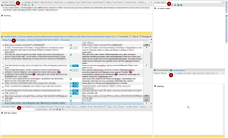 Screenshot of Trados Studio interface showing customized window layout with TM results, concordance, fragment matches, termbase, and translation editor sections.