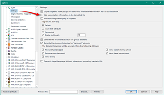 Trados Studio settings window with 'Segment settings' highlighted, showing an unchecked option for 'Add segmentation information to output files'.