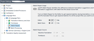 Trados Studio Project Settings window with Match Repair options for French to English language pair, Editor set to Off and Batch Tasks set to On.