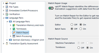 Trados Studio Match Repair settings under Language Pairs with Editor and Batch Tasks toggles showing On and Off options.