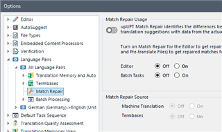 Trados Studio options menu with Match Repair settings under Language Pairs, showing Editor and Batch Tasks toggles in Off position.