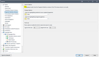Trados Studio options menu with a search box and settings for highlighting featured segment matches.