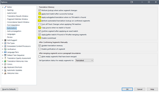 Trados Studio options menu showing Automation settings with various checkboxes for translation memory and auto-propagation.