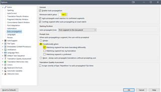 Trados Studio options menu displaying Autopropagation settings with a manual match value of 100% highlighted.