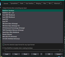 Trados Studio Glossary Converter options window showing output format selections including MultiTerm Termbase, Excel 2007 Workbook, Excel CSV, and others with 'Use selected output format for any input format' checkbox checked.