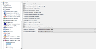 Screenshot of Trados Studio settings with options for file extraction, including 'Do not extract locked content' selected.