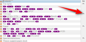Screenshot of Trados Studio showing a list of contents with a red arrow pointing to a P+ symbol indicating additional information for an item.