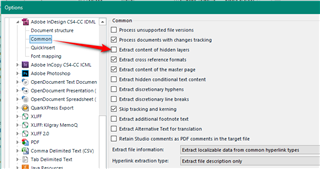 Screenshot of Trados Studio's options menu with a red arrow pointing to the 'Extract content of hidden layers' option in the Adobe InDesign CS4-C6 section.