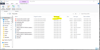 Screenshot of Recycle Bin window with a list of deleted files, highlighting the 'Date Deleted' column to sort files by deletion date.