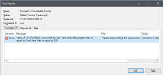 Error message in Trados Studio stating 'Value of '10534654' is not valid for 'red'. 'red' should be greater than or equal to 0 and less than or equal to 255.'