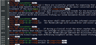 Screenshot of code view in Trados Studio with text segments in English and German, indicating potential alignment issues for translation.