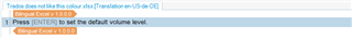 Trados Studio error message stating 'Trados does not like this colour.xlsx (Translation-en-GB-es-ES)' with a warning icon.