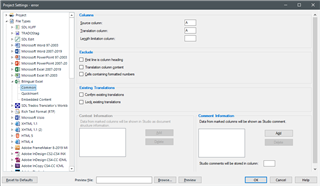 Trados Studio project settings window showing options for column setup, including source column, target column, and lookup column with no visible errors.