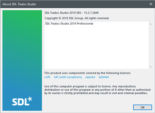 About SDL Trados Studio dialog box displaying the version as 2019 SR2 - 15.2.7.2849, indicating it is the Professional edition with no visible errors.