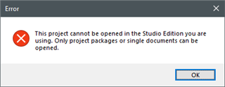 Error message in Trados Studio stating 'This project cannot be opened in the Studio Edition you are using. Only project packages or single documents can be opened.' with an OK button.