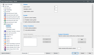 Trados Studio Project Template Settings window showing the editing of a template with the standard Excel filetype disabled and bilingual Excel enabled.