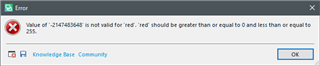 Error message in Trados Studio stating 'Value of '-2147483648' is not valid for 'red'. 'red' should be greater than or equal to 0 and less than or equal to 255.' with an OK button.