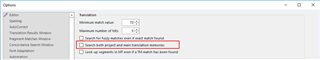 Trados Studio Options dialog box with 'Search project and main translation memories' option checked.