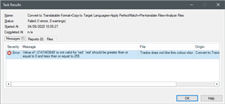 Trados Studio Task Results window showing an error message 'Value of '494' is not valid for 'red'. 'red' should be greater than or equal to 0 and less than or equal to 255.' with an OK button.
