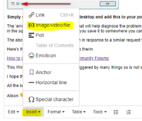 Close-up of Trados Studio forum post editor with 'Insert' menu expanded showing 'Imagevideofile' option.