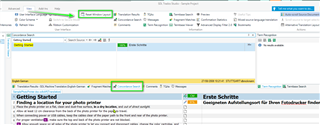 Trados Studio main interface with an error message 'Getting Started' window open and 'Reset Windows Layout' option highlighted in the View menu.