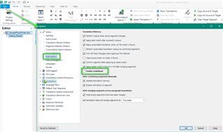 Trados Studio Options window with 'Automation' tab open and 'LookAhead' feature unchecked.