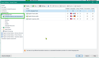 Trados Studio Project Settings window with no Translation Memory or Automated Translation providers enabled for any language pairs.